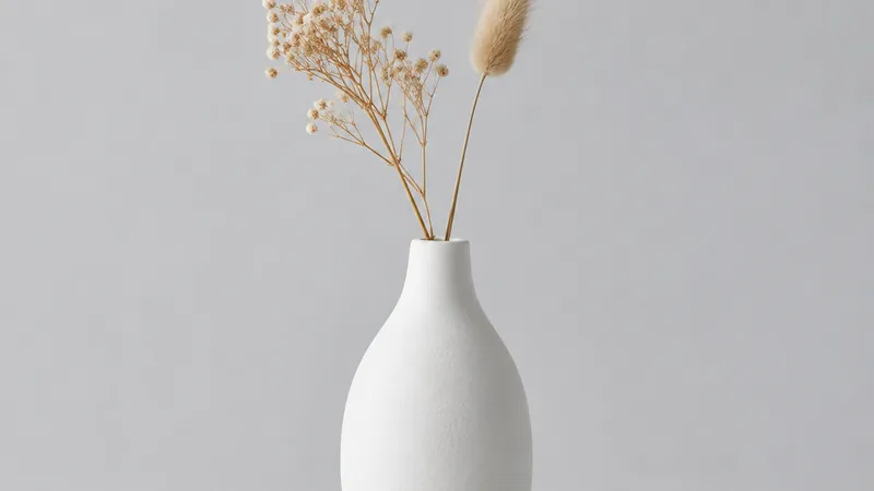 Matte white vase with dried stems on a pale grey backdrop
