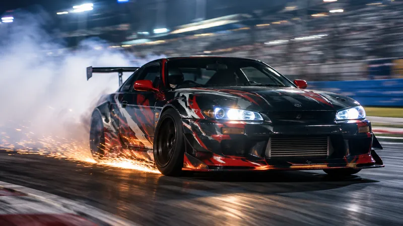 Race car drifting at night with sparks and tyre smoke