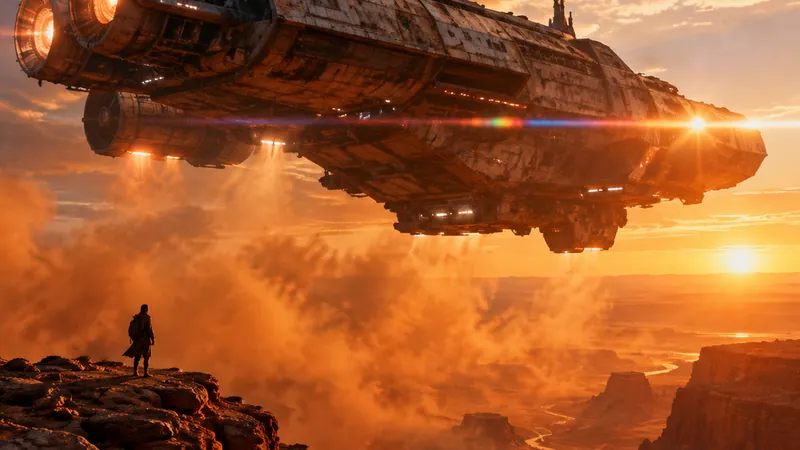 Weathered spaceship hovering over an orange desert canyon