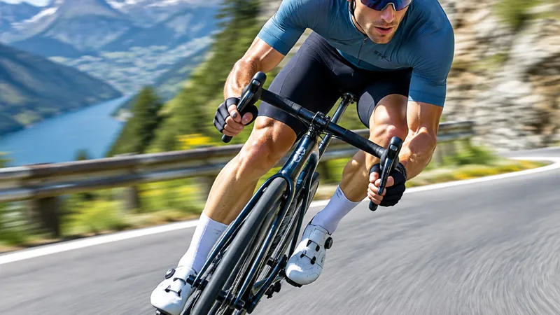 Road cyclist leaning into a corner on a mountain descent