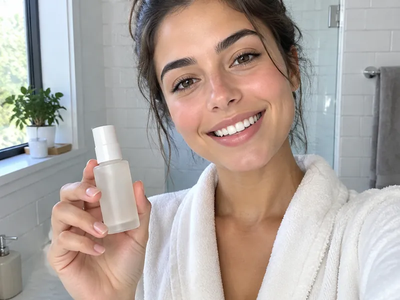 Vertical selfie frame of a person holding a skincare bottle in a bathroom