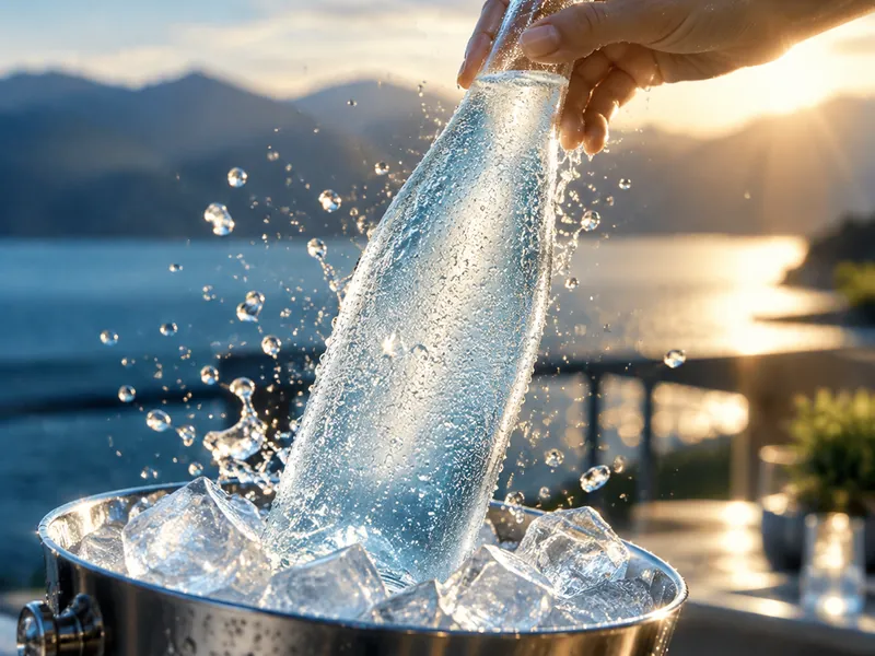 Sparkling water bottle lifted from an ice bucket, droplets frozen mid-air