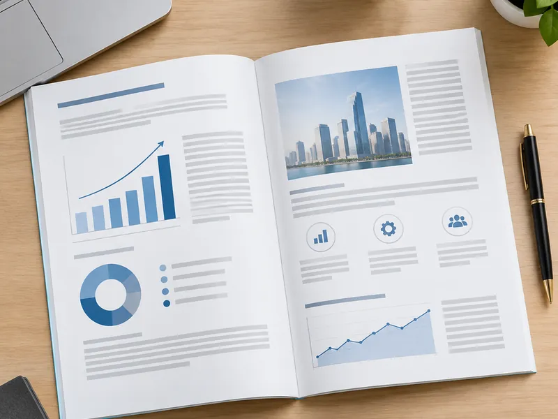 Case study document with charts and grey text blocks on a desk