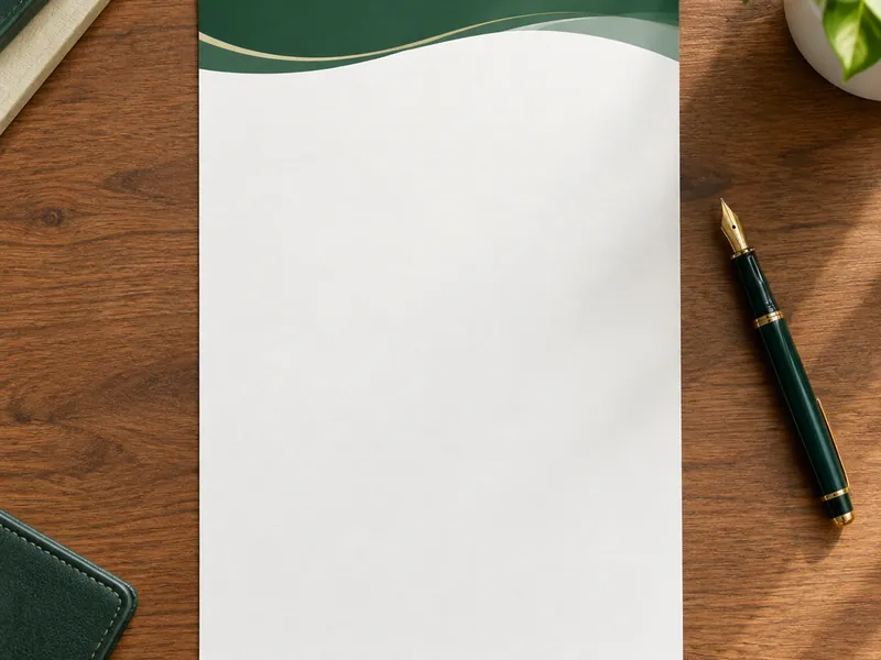 Letterhead sheet with a simple header mark on a warm desk