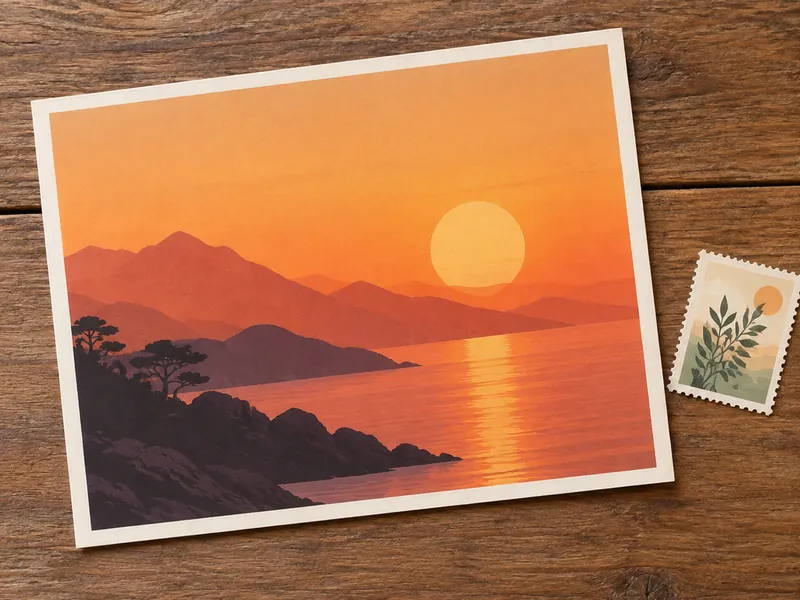 Postcard with a wide landscape photo on a wooden table