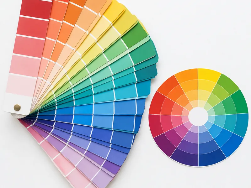 Fan of printed paint swatch cards beside a colour wheel on a white surface