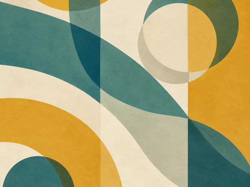 Abstract editorial composition of translucent shapes in teal and mustard