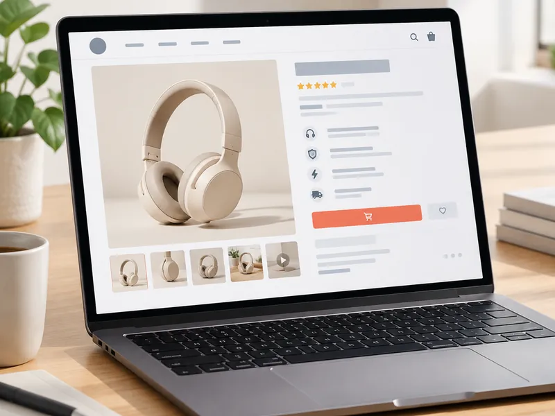 Product detail page mockup on a laptop screen