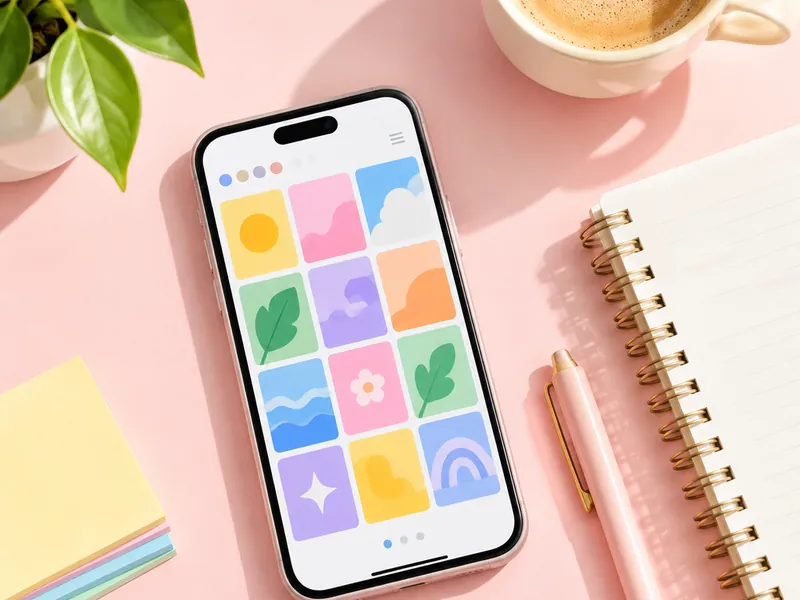 Flat lay of a phone showing a colourful grid, a notebook, and a coffee cup