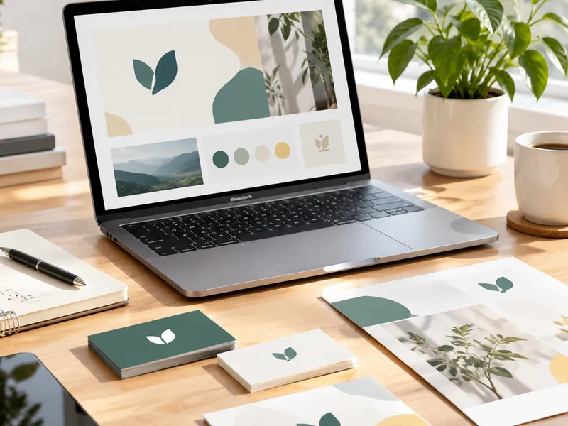 Minimal desk with a laptop, printed logo cards, and a small plant