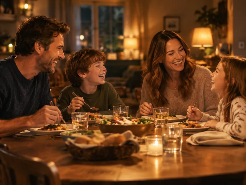 Family laughing around a dinner table in warm lamp light